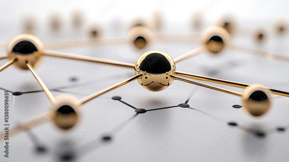 Poster abstract network connection image, gold spheres linked by thin lines on a white background.