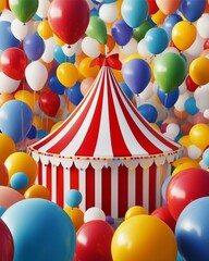 Circus Tent with Balloons: A festive circus tent stands amidst a vibrant array of colorful balloons, creating a joyful spectacle of celebration and entertainment.