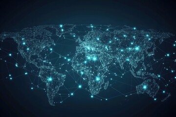 Fototapeta premium Digital world map with glowing connections showcasing a futuristic layout on a dark background illustrating global connectivity