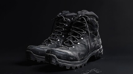 A pair of rugged black hiking boots displayed on a dark black background, bold and strong.