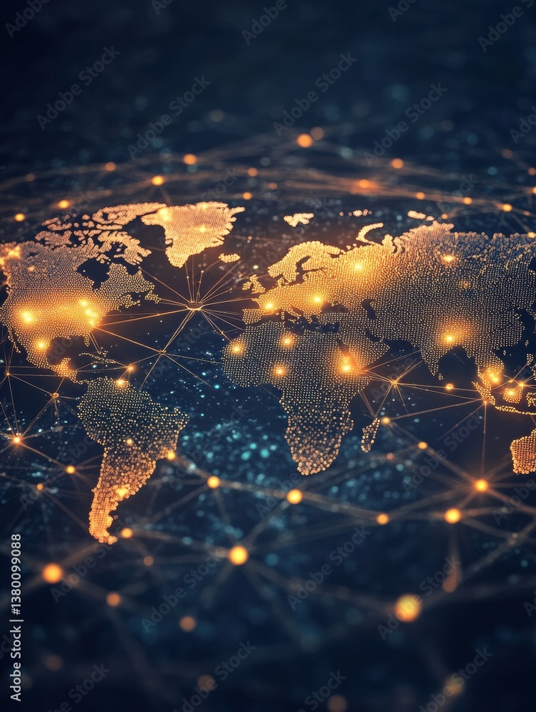 Poster futuristic digital world map with glowing connections over a dark background showcasing global relat