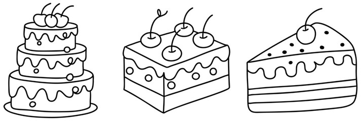 Delightful cake illustrations featuring layers, cherries, and frosting, perfect for dessert lovers and celebrations