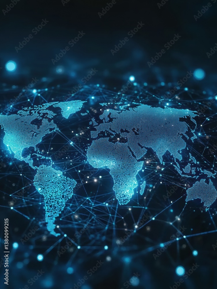 Poster futuristic digital world map showcasing glowing connections and dots across a dark background in a m