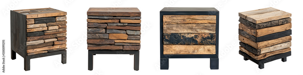 Poster a collection of unique handcrafted wooden furniture pieces that blend rustic and modern design eleme