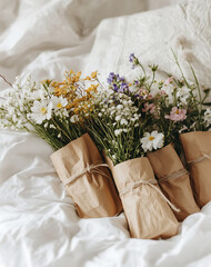 Fototapeta premium cozy arrangement featuring wildflowers wrapped with paper and string conveys sense of simple joy and rustic charm, nestled on soft textile