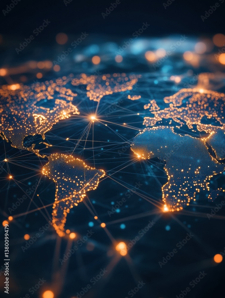 Poster futuristic digital world map showcasing glowing dots and connections against a dark background repre