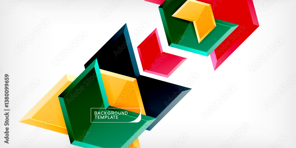 Poster Abstract geometric shapes, vibrant colors, dynamic composition. Overlapping triangles create depth, modern design, clean aesthetic. Background template for various projects.