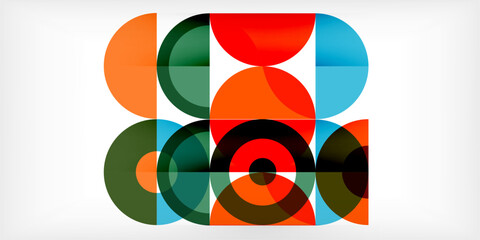 Fototapeta premium Colorful overlapping circles create abstract composition. Geometric shapes, vibrant hues, modern design. Minimalist aesthetic, playful arrangement.