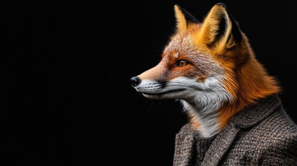 Fototapeta premium Side Profile of Fox Donning Suit on Black Background Concept of Wildlife and Human Style Blend