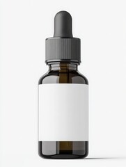 Amber Glass Dropper Bottle with Blank Label, Product Mockup, Isolated on White Background, Pharmaceutical