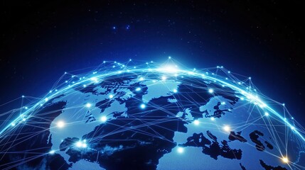 A visual display of global network interconnection, with a network of light spots on a blue planet connecting the world's continents.