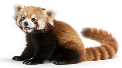 A cute red panda sits facing slightly left, looking towards the viewer with an alert and slightly curious expression, 