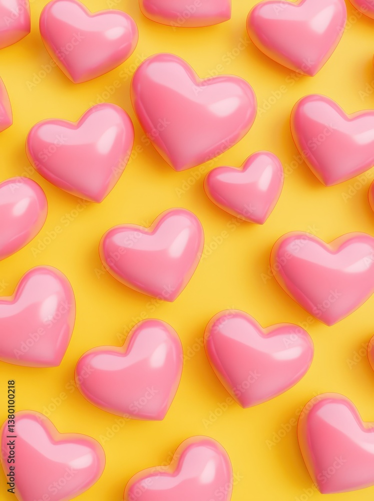 Poster colorful arrangement of shiny pink heart-shaped objects on a bright yellow background, creating a ch