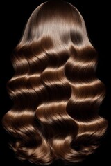 Fototapeta premium Luxury brown auburn hair. Wavy long voluminous light brown hair on a dark background, isolated.