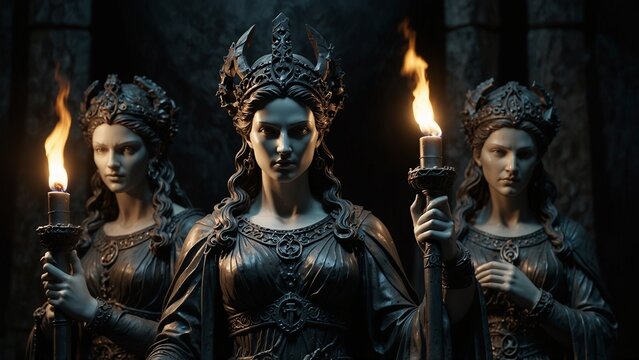 A statue of Hecate, with three faces, each holding a torch, dagger, and key, set against a dark crossroads