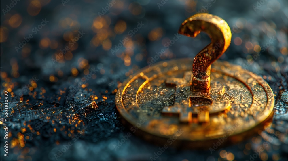Poster bitcoin dilemma: a glistening bitcoin is adorned with a question mark. the image evokes contemplatio