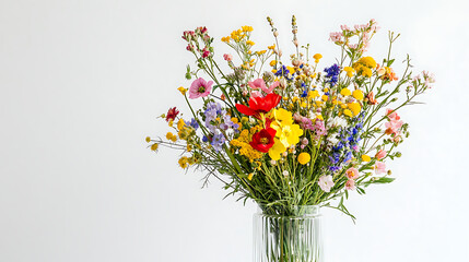 bouquet of wildflowers is arranged in glass vase and it looks so cheerful, bringing joy to space. Perfect floral decoration to feel delighted and uplifted