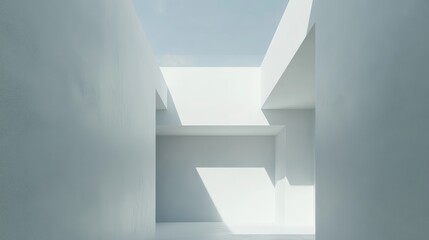 Obraz premium A peaceful, unfurnished room with soft white walls and a seamless ceiling, exuding a minimalist feel.