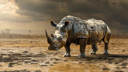 Fototapeta premium White rhino in a muddy puddle in a savanna landscape under dramatic sky.