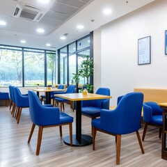 Modern cafe interior with blue chairs and light wood tables near large windows.