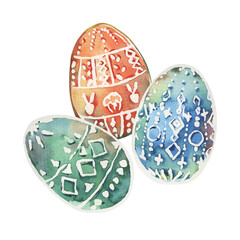 Easter composition of painted eggs with stylized, geometric decorative pattern. Illustration is painted with watercolors of green, blue, orange colors. White ornament of dots, circles, rhombuses
