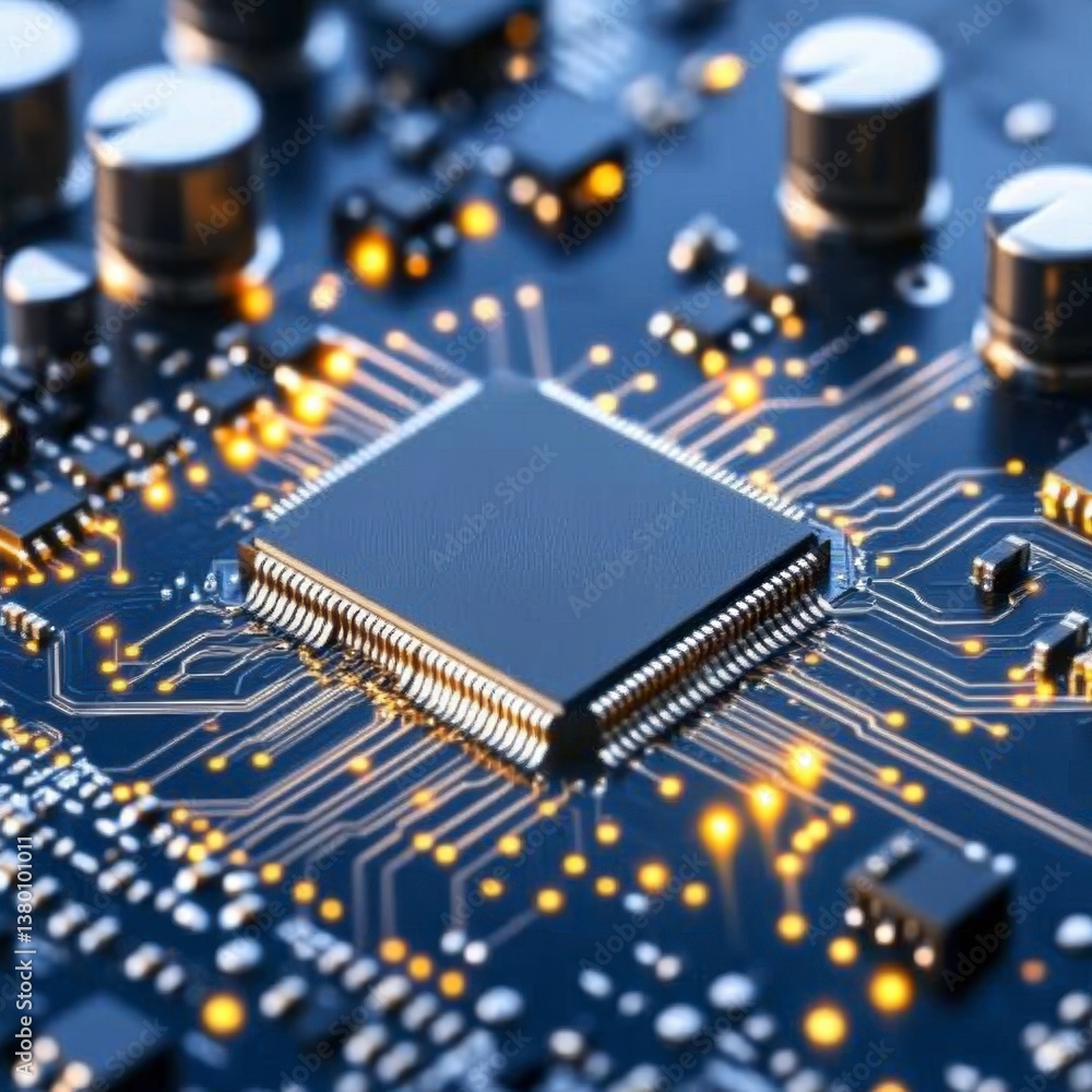 Poster close up of a central processing unit on a circuit board, illuminated with warm light.