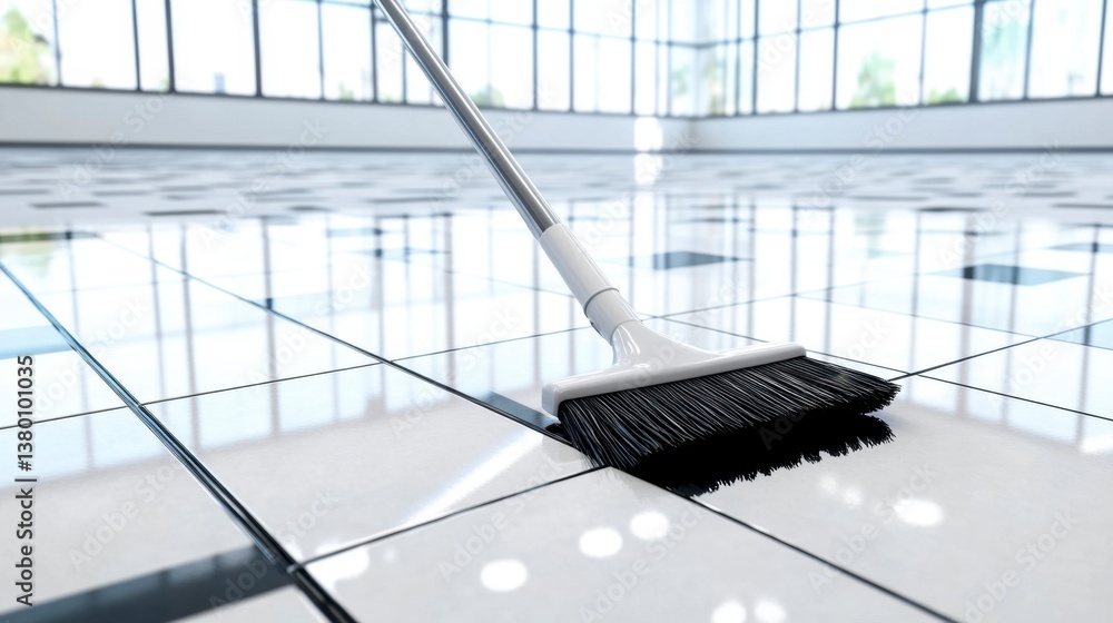 Poster close up of a mop cleaning a shiny tiled floor in a modern building with large windows.