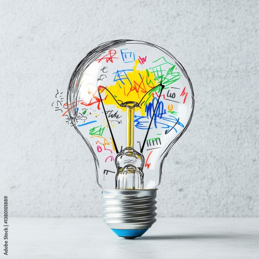Poster lightbulb with colorful hand drawn equations and symbols inside on a light gray background.