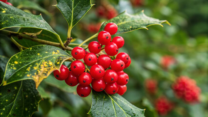 Obraz premium Bright Red Berries on Green Spotted Leaves