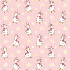 Cute Cottagecore Spring Goose Seamless Pattern Cartoon Coquette Hand Drawn Playful Girly Wallpaper