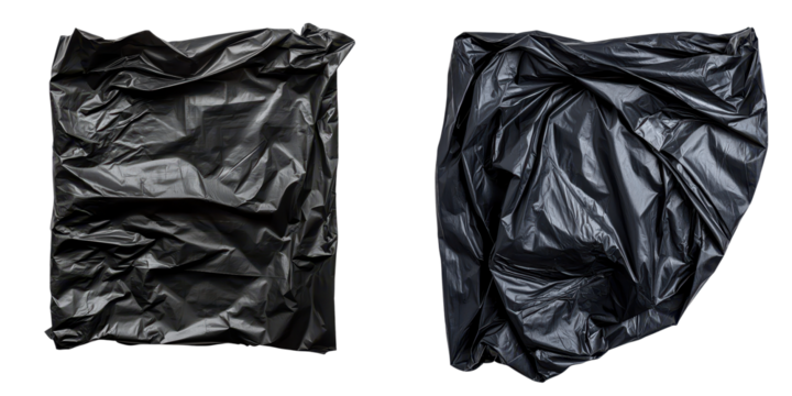 Two crumpled discarded black garbage bags lying on a plain background symbolizing waste and the need for sustainable practices