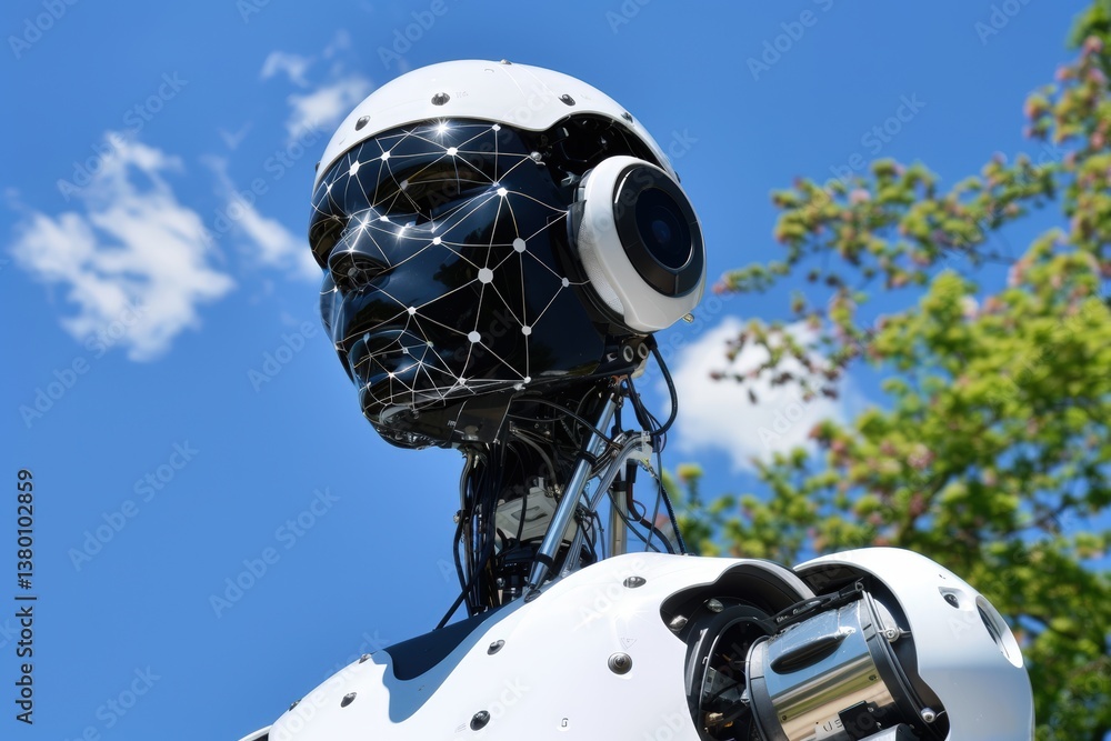 Poster a futuristic robot with a high-tech design stands under a clear blue sky, showcasing advanced featur