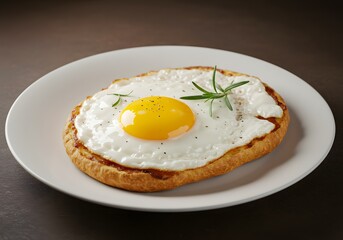 Delicious Fried Egg Pizza on White Plate Gourmet Breakfast Meal with Rosemary.