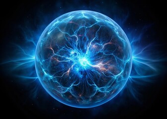 Abstract Blue Electric Plasma Sphere Lightning Storm Dark Background 3D Render