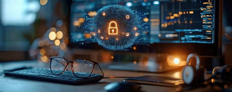 Digital security concept with encryption icon on computer screen - Powered by Adobe