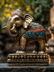 Obraz premium Ornate golden elephant figurine with colorful gemstone-like decorations standing on a patterned base against a natural blurred background.