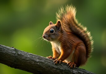 Obraz premium Majestic Red Squirrel Perched on Tree Branch with Fluffy Tail Against Lush Green Bokeh.