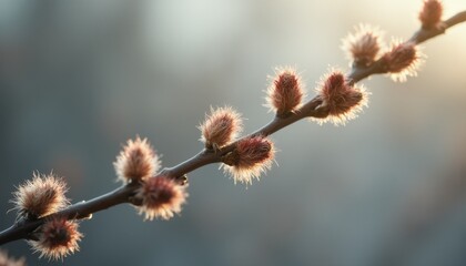 Spring Branch with Fuzzy Buds in Warm Sunlight, Close-Up Nature Scene for Seasonal Themes