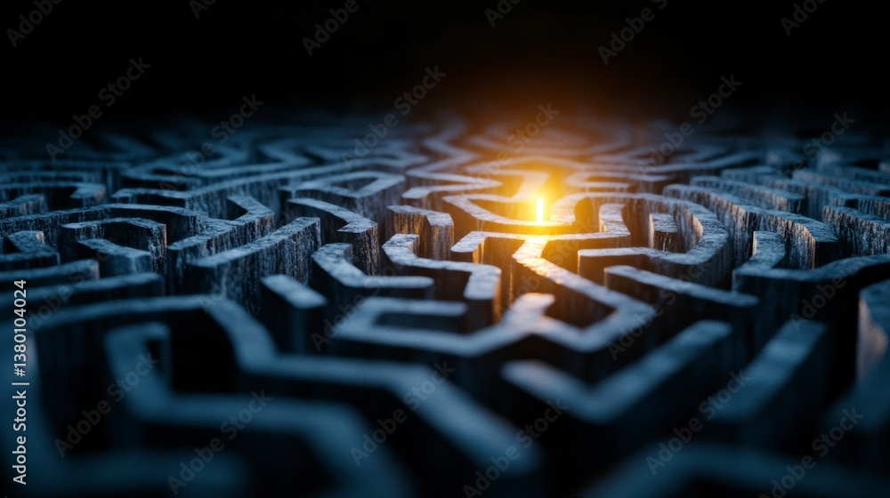 Poster dark gray stone maze with a glowing light at the end, symbolic of finding a solution or way out.