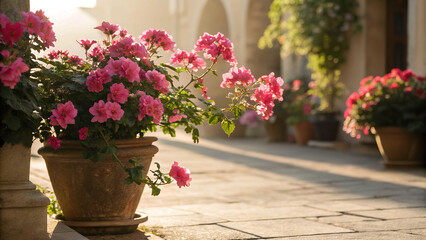 Fototapeta premium Vibrant Pink Flowers in a Potted Garden