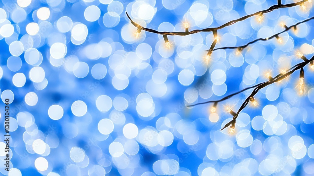 Poster glowing string lights on a branch against a blue bokeh background. warm light and cool background cr