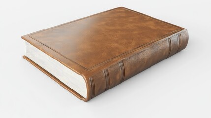 Obraz premium A realistic 3D close-up of a closed leather-bound book with embossed details, isolated on a white background with room for branding