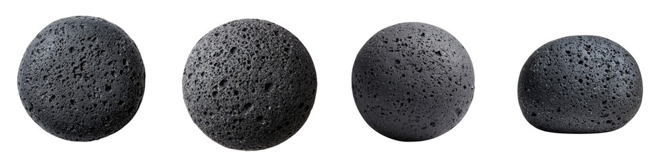 Fototapeta premium A collection of round porous volcanic lava stones in varying shades of black and gray displaying a rough natural texture