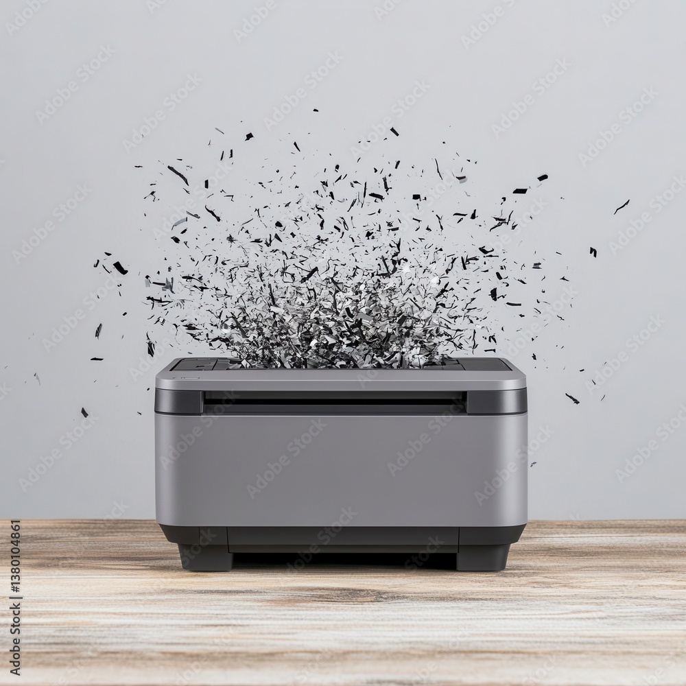 Poster gray printer on wooden surface with black particles exploding from it