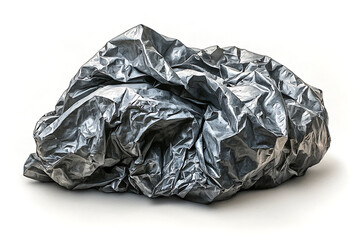 A crumpled shiny gray material possibly metallic lies in a heap against a white background Its surface is highly textured.