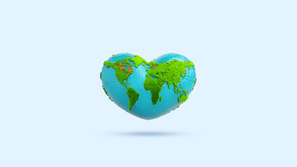 Grass and water Heart Globe object. earth day. nature water and forest conservation, water resource. Global Warming. Energy World Ecological And Environment. clipping path. 3D Illustration.