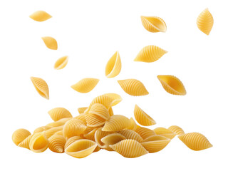 Naklejka premium Pasta shells falling from above, creating dynamic and appetizing scene. Perfect for food related themes