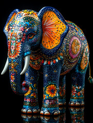 Ornately decorated blue elephant figurine with vibrant floral and geometric patterns against a dark reflective background.