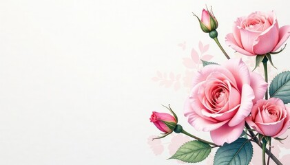 Fototapeta premium Delicate watercolor roses & buds, soft pastel hues, fabric, art