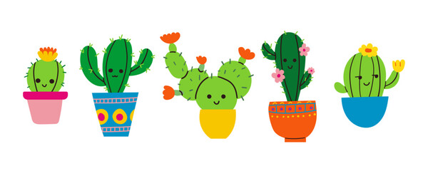 Vector illustration set of funny cactus characters in cartoon style isolated on white background